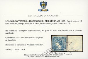 1855 - 3 cent. Mercurio azzurro, ... 