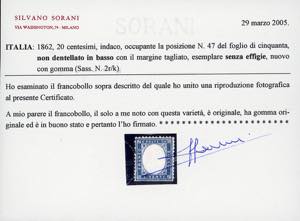 1862 - 20 cent. indaco, senza ... 