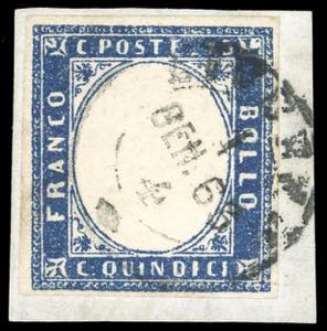 1863 - 15 cent. azzurro tipo Sardegna, SENZA ... 