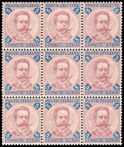 1891 - 5 lire carminio e azzurro Umberto I ... 