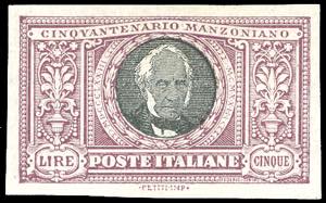 1923 - 5 lire Manzoni, non dentellato ... 