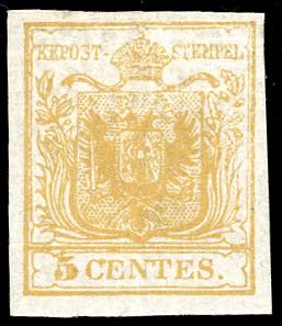 1850 - 5 cent. giallo ocra (1), nuovo, gomma ... 