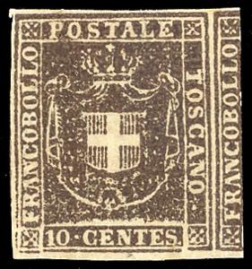 1860 - 10 cent. bruno (19), nuovo, gomma ... 