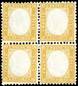 1862 - 80 cent. giallo arancio (4), blocco ... 