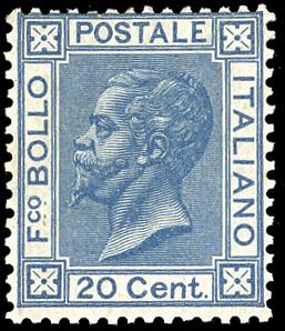 1867 - 20 cent. azzurro, tiratura di Torino ... 