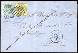 1867 - 4 baj giallo (5A), in affrancatura ... 