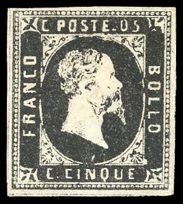 1851 - 5 cent. nero, ritocco sotto STE di ... 