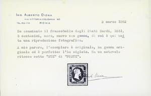 1851 - 5 cent. nero, ritocco sotto ... 